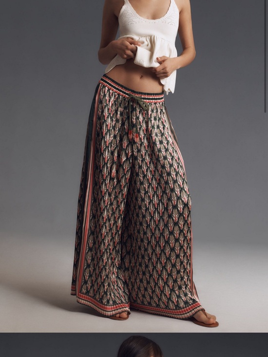 FARM Rio Pants - FARM Rio Olive Green and Coral Wide-Leg Printed Palazzo Pants